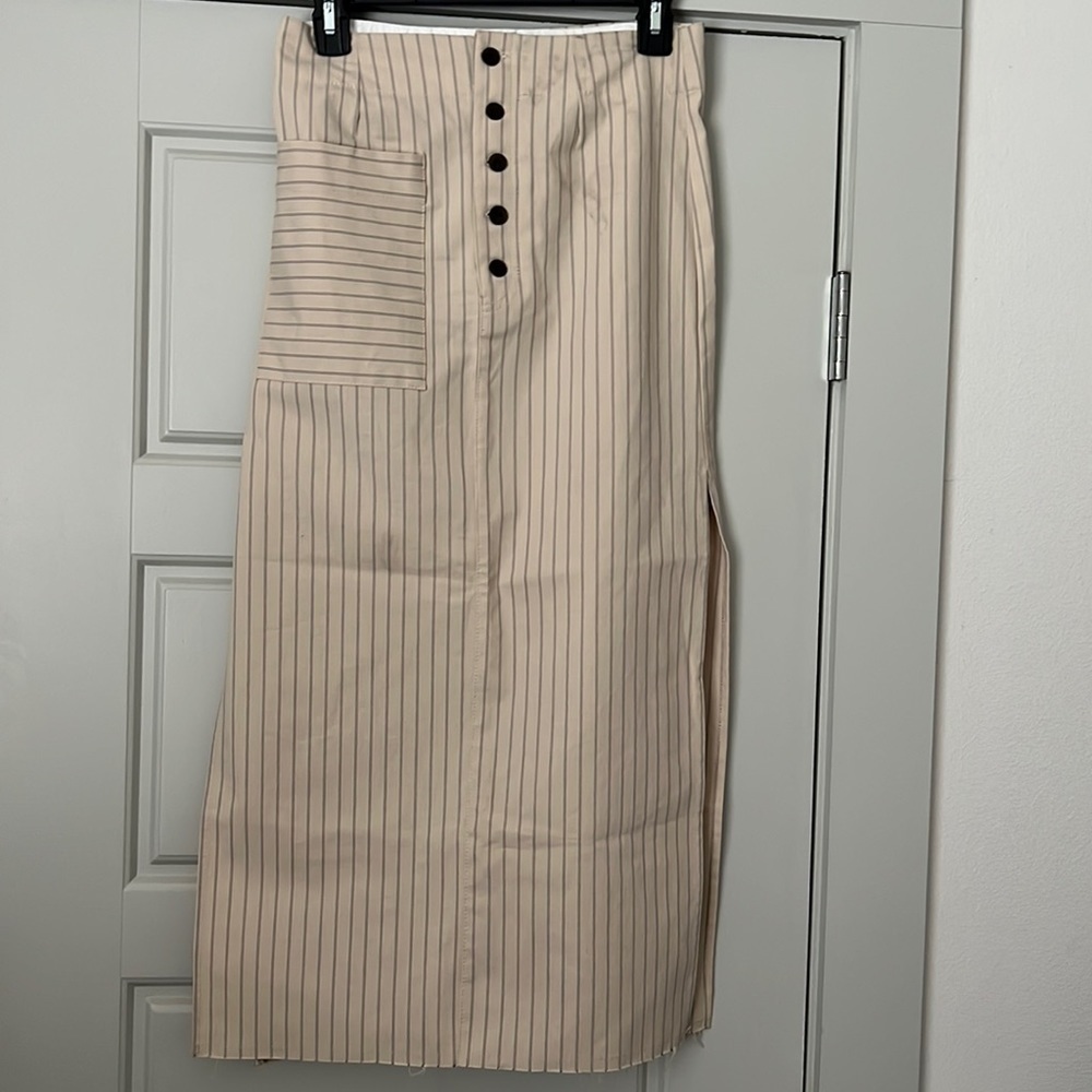 ZARA striped pencil long cotton skirt high side slits‎ exposed buttons Sz XS